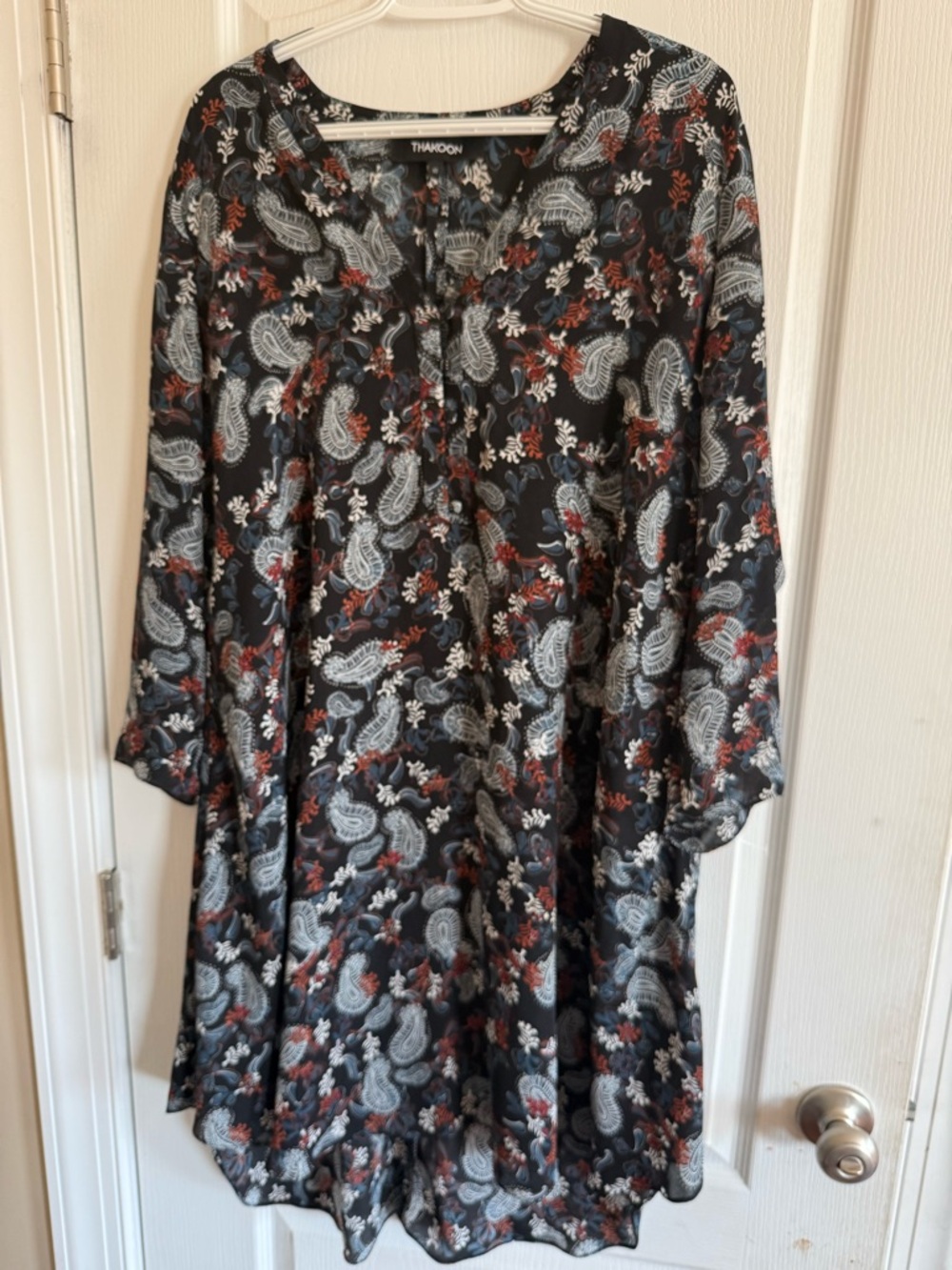 Thakoon Black Paisley Midi Dress with White and Rust Accents
